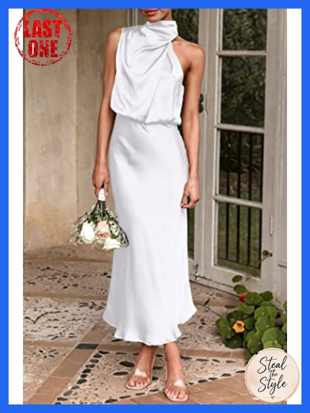 Satin Sleeveless Mock Neck Maxi Dress Fit and Flare Formal Elegant - Picture 4 of 6